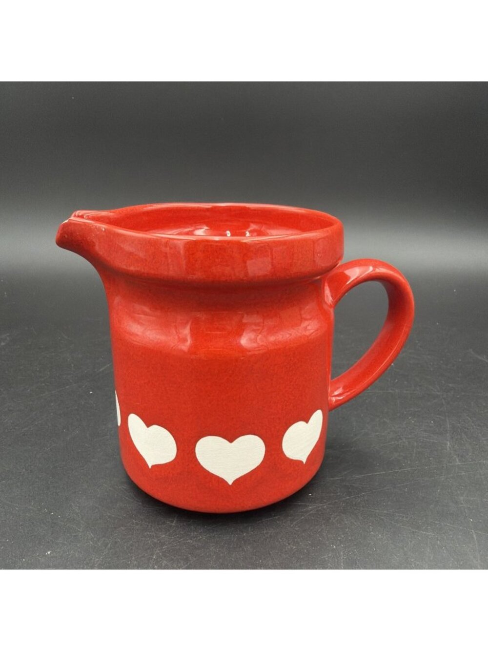 Waechtersbach Ceramic Red Pitcher White Heart Germany 16oz 4 .5" T x 3.75"D